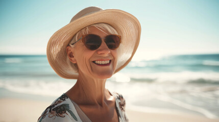 Retrato de uma mulher sênior sorridente em pé na praia em um dia ensolarado - obrazy, fototapety, plakaty