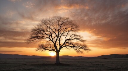 Fototapeta premium Leafless tree with sunset 