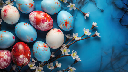 Colorful Easter eggs and flowers on a blue background