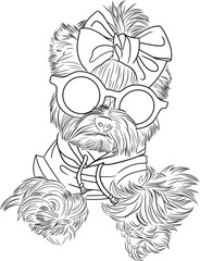 Yorkshire Terrier with sunglasses hand drawn outline illustration