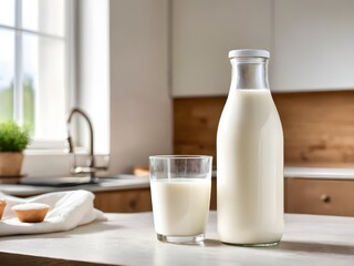Bottle and glass of fresh milk in the kitchen