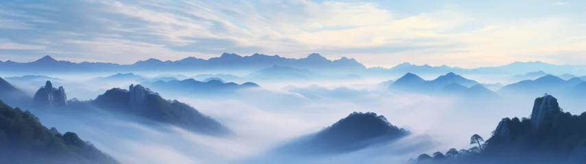 Photo sur Plexiglas Monts Huang Dawn's Gentle Embrace on the Misty Summits of Huangshan