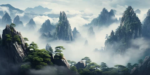 Papier Peint photo Monts Huang Mystical Morning Mist Over the Lush Peaks of Huangshan Mountain Range
