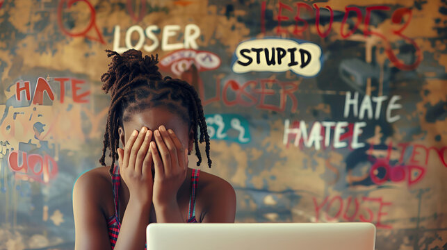 African teenager girl covering face, overwhelmed by hateful graffiti, displaying cyberbullying effects