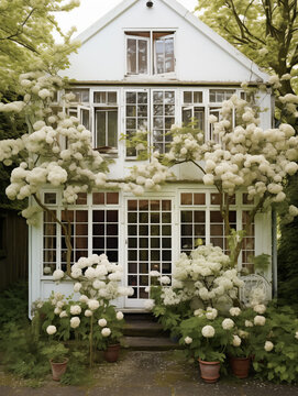 Altes Haus mit vielen Fenstern und Hortensien im Garten, die an der Fassade hochklettern