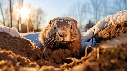 Groundhog Peering Out to Greet the Snowy Day - obrazy, fototapety, plakaty