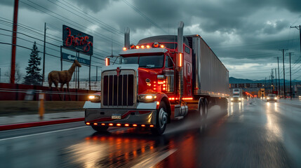 Truck Transportation logistics captured as a red semi-truck blazes down a wet urban road, lights reflecting off the pavement, a symbol of 24/7 cargo delivery services
