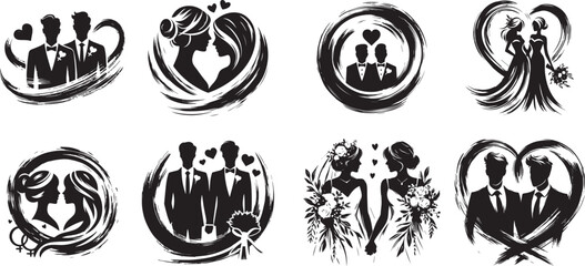 Set of lesbian and gay black and white graphics, Collection of cute lgbt wedding ceremonies isolated vector,  Romantic scenes with happy same sex spouses celebrating marriage