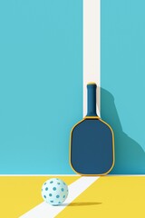 Pickleball sport equipments. The racket is resting against the wall and ball on court. 3d illustration, colorful render.
