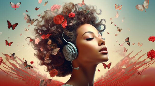 Woman with Butterflies and Flowers Emerging from Her Hair as She Listens to Music