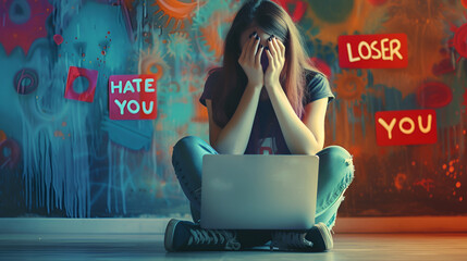 Adolescent overwhelmed by cyberbullying, concealing face from harsh online words. Concept cyberbullying, teen mental health