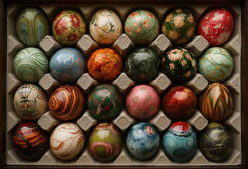 Fototapeta na wymiar Elegant chocolate gift box full of colorful painted easter eggs on the table with copy space