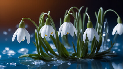 beautiful snowdrops on a blue background