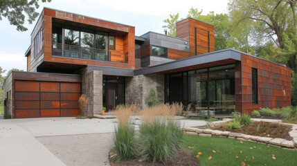 This contemporary home features an eyecatching exterior crafted from reclaimed hardwood and recycled metal ss.