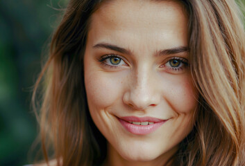 Close-up of beautiful girl's face smiling. Portrait of young attractive woman with natural skin freckles and brown hair. Authenticity and beauty concept.