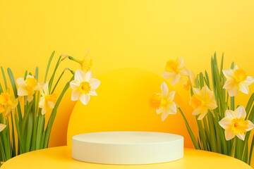 3d render of yellow podium and daffodils on yellow background. Platform with floral decoration and flowers