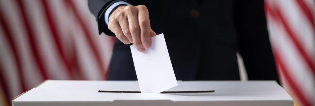 Hand placing a voting ballot into a box in front of a blurred American flag