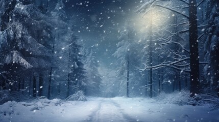 Fototapeta na wymiar Beautiful forest road in the snow with heavy snowfall