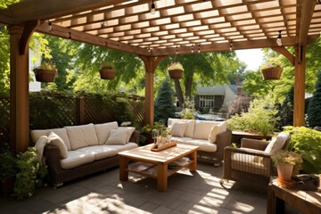 Fototapeta premium Cozy patio with sofas and a table. Pergola shade over patio.