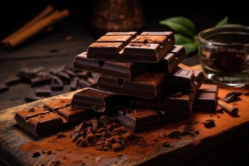 Dark chocolate bars and cocoa powder on rustic wooden table.