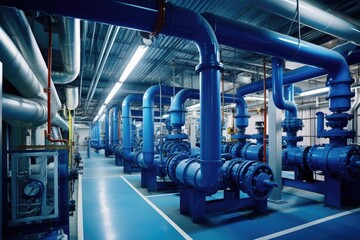 Modern industrial building with pipes, heat exchangers and valves.