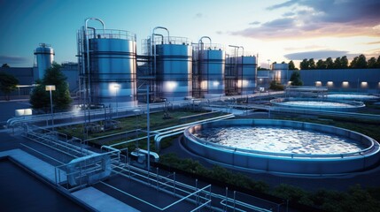 Modern wastewater treatment plant of chemical factory. Water purification tanks - obrazy, fototapety, plakaty