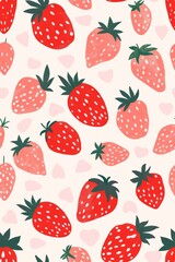 Naklejka premium Charming pattern of red strawberries and pink hearts on a soft white background