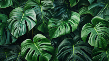 Fototapeta na wymiar Lush Green Monstera Deliciosa Leaves in a Dense Tropical Arrangement