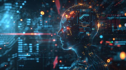 Obraz premium A digital representation of a woman's head with data visualization and circuitry elements