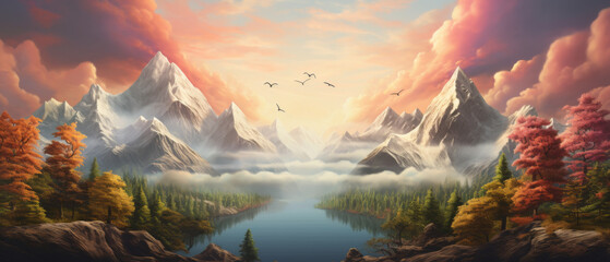 Majestic Mountain Peaks Overlooking a Misty Autumnal Forest Lake at Sunrise - obrazy, fototapety, plakaty