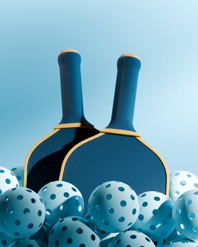 Pickleball sport equipments. Two rackets and balls on blue background. 3d illustration, render. Hero view