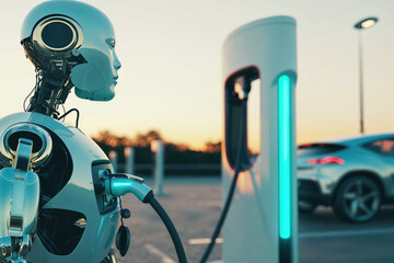 A futuristic robot dutifully charges a sleek car under the expansive outdoor sky, surrounded by other land vehicles and a gas pump while a motorcycle zooms by in the distance