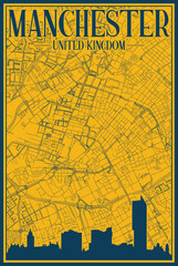 Yellow and blue hand-drawn framed poster of the downtown MANCHESTER, ENGLAND with highlighted vintage city skyline and lettering