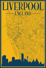 Yellow and blue hand-drawn framed poster of the downtown LIVERPOOL, ENGLAND with highlighted vintage city skyline and lettering