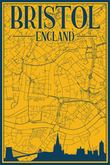 Yellow and blue hand-drawn framed poster of the downtown BRISTOL, ENGLAND with highlighted vintage city skyline and lettering
