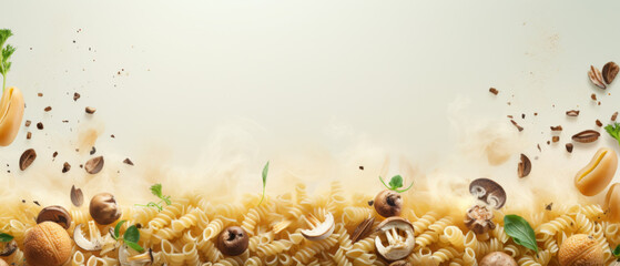 Pasta Medley with Fresh Herbs and Assorted Mushrooms on a Steamy Background