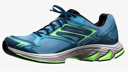 Modern blue and green running shoe on a white background
