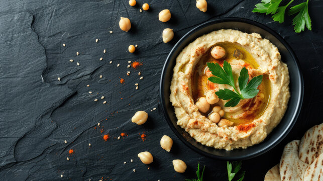 Hummus delicious middle east cousine, tasty paste made from cooked and pureed chickpea seeds