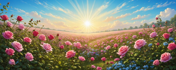 A stunning composition of roses basking in the rays of the sun, towering against a clear blue sky.