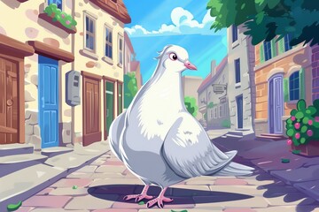 White Pigeon Standing on Cobblestone Street