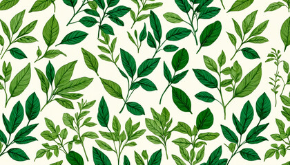 A variety of green leaves, hand-drawn, arranged in a pattern suitable for wallpaper, textiles or other design projects.