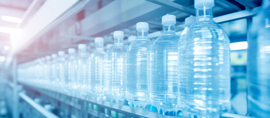Production line of plastic water bottles in a factory setting with bright lighting