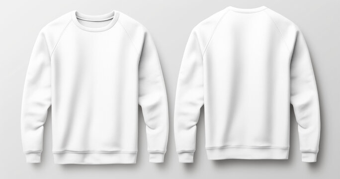 Blank white sweatshirt template, front and back views, isolated on grey background