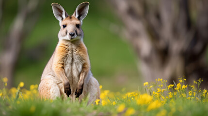 Wild kangaroo sitting in a field of yellow flowers with a blurred background