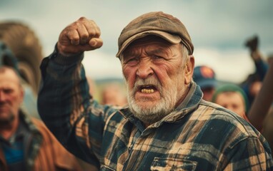 Obraz premium Elderly man with a weathered face raises his fist in a strong gesture.