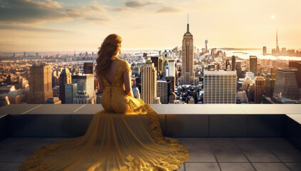 Elegant woman in golden evening gown enjoying cityscape at sunset - obrazy, fototapety, plakaty