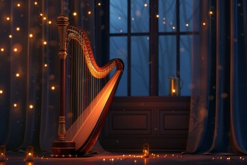 Harp Sitting on Top of Table Next to Window - obrazy, fototapety, plakaty