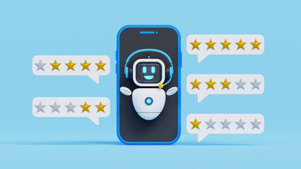 Rate AI services. AI feedback, AI rating, online survey, robot application, Artificial intelligence. AI and business IOT concept. 3D robot with smartphone and 5 star rating for app or service - obrazy, fototapety, plakaty