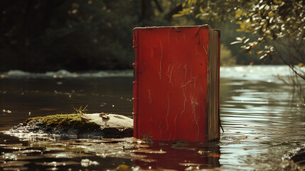a red book is floating in a body of water