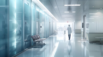 A doctor strolls through the hospital hallway, passing by fixtures and windows